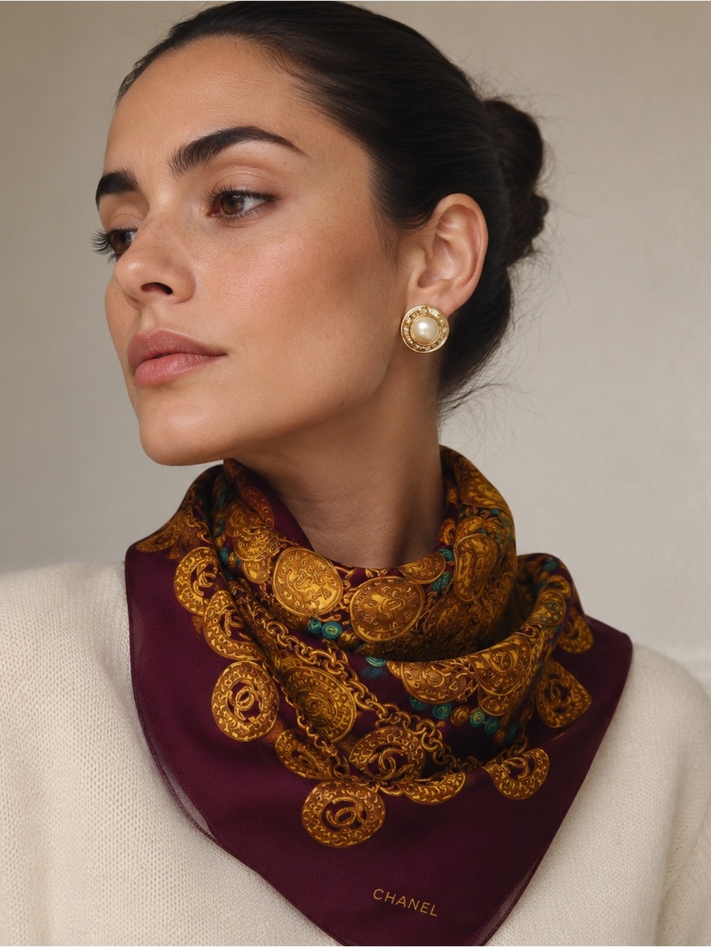Rare Vintage Chanel Paris Silk Scarf Coin & Chain Print Burgundy Red